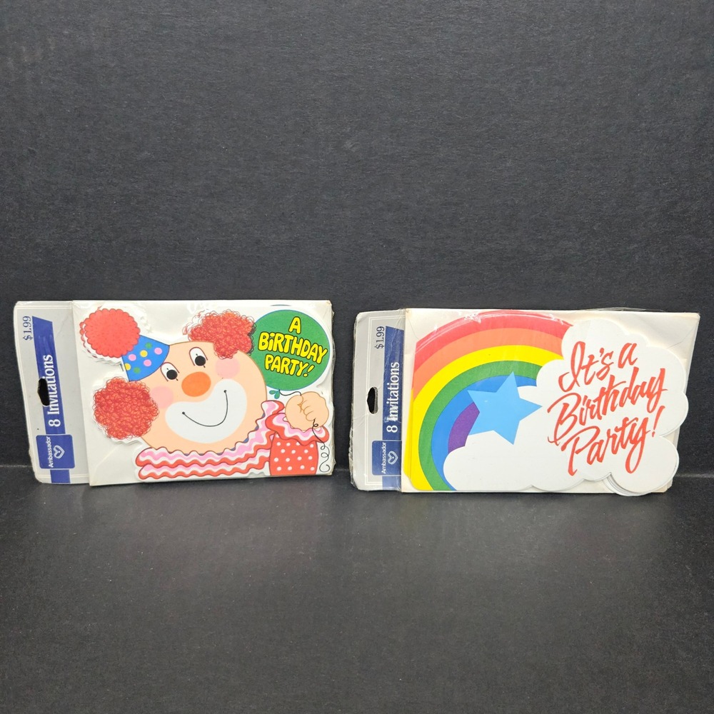 Ambassador Birthday Party Invitations Kids Multicolor 16ct Clown Rainbow Vintage